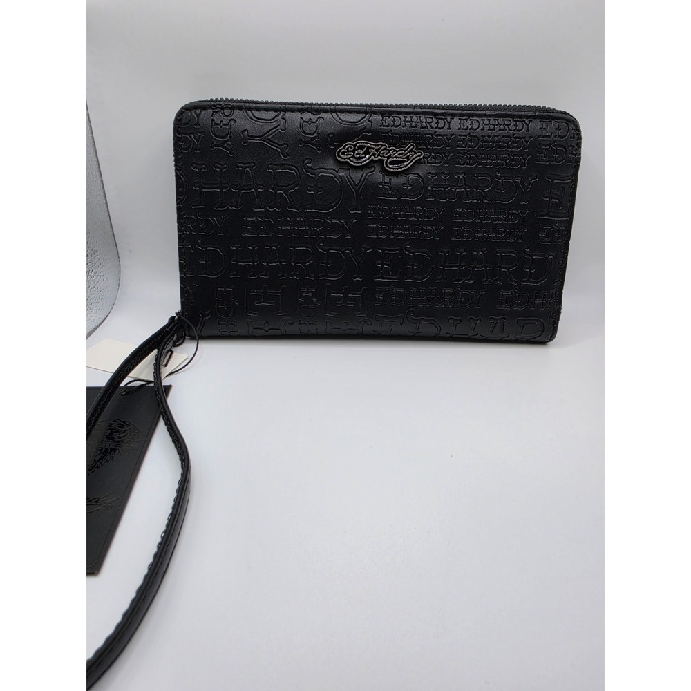 Ed Hardy Black Embossed Logo Zip Around Wristlet Wallet New with Tags - Picture 2 of 4
